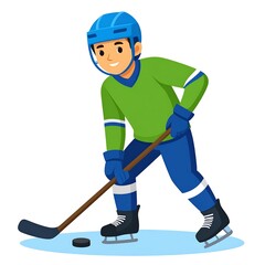 Obraz premium Cartoon of boy playing ice hockey with stick and puck, wearing helmet, gloves, green shirt and blue pants