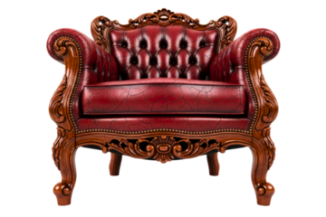 Classic red leather armchair with carved wooden frame details isolated on transparent background