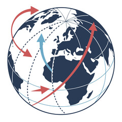 Global network of interconnected arrows showing international trade and communication routes across the planet