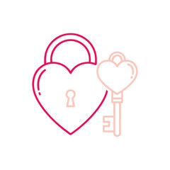 Minimalist Heart Lock and Key Icon: Simple Pink Outline Graphic Representing Love, Commitment, Secrecy, and Valentine's Day Affection