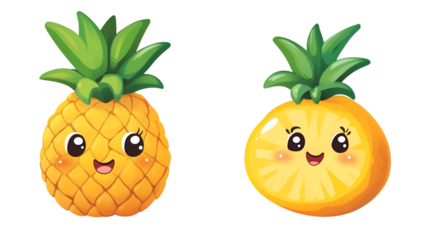 Two cute cartoon pineapple characters with big eyes and rosy cheeks smiling happily isolated on transparent background