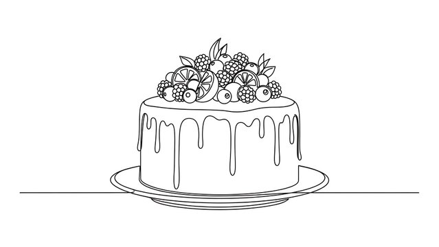 Delicious cake with berries and drizzled chocolate on a plate, isolated on white background