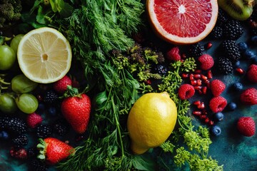 Burst of Nature's Goodness: A vibrant arrangement showcases an array of nature's treasures, overflowing with a medley of fresh, sun-kissed fruits and vibrant greenery.