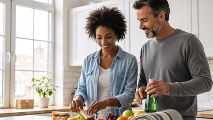 Happy multiracial couple preparing healthy sandwiches in a modern kitchen. Smiling black woman and caucasian man making lunch together at home. Healthy lifestyle and domestic partnership