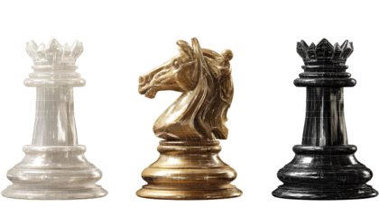 chess pieces a white rook on the left, a golden knight piece in the middle, and a black queen to the right, in a clip art style with a transparent