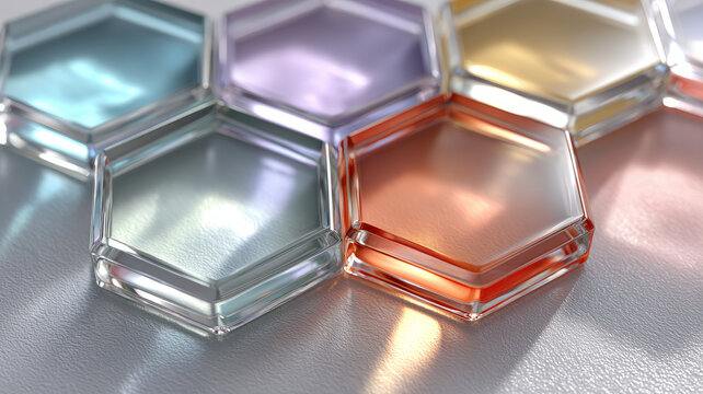 Colorful glass hexagons with a modern geometric abstract design.