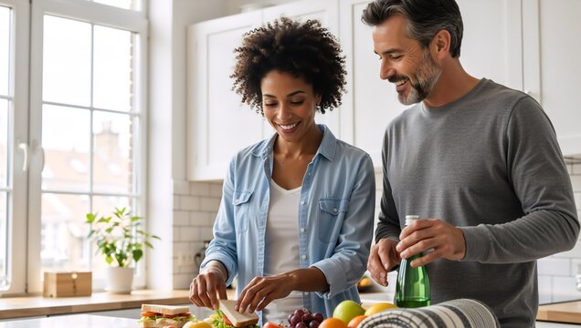 Happy multiracial couple preparing healthy sandwiches in a modern kitchen. Smiling black woman and caucasian man making lunch together at home. Healthy lifestyle and domestic partnership