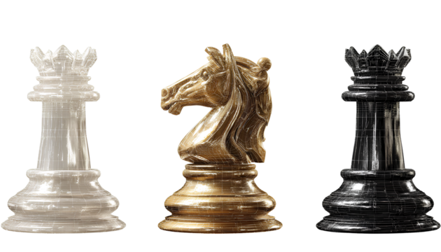 chess pieces a white rook on the left, a golden knight piece in the middle, and a black queen to the right, in a clip art style with a transparent