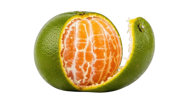 Partially peeled green mandarin orange fruit isolated on transparent background - Powered by Adobe
