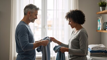 Happy middle aged interracial couple folding clean clothes together at home. Smiling man and woman sharing household chores in the laundry room. Domestic partnership and equality concept