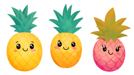 Three cute cartoon pineapple characters with happy faces, one pink and two yellow, isolated on transparent background