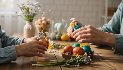 Family decorating colorful Easter eggs with fresh flowers at a wooden table. Creative spring holiday preparation. DIY craft activity for Easter celebration