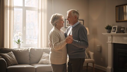 Affectionate elderly couple dancing in a sunlit living room. Happy senior man and woman enjoying a romantic moment at home. Love, companionship and retirement lifestyle concept