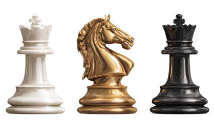 chess pieces a white rook on the left, a golden knight piece in the middle, and a black queen to the right