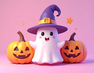 Cartoonish ghost wearing a witch hat with pumpkins and stars against a pink background