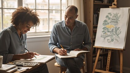 A creative couple painting and drawing together in a home art studio. Man and woman focused on their artistic hobby in a sunlit room