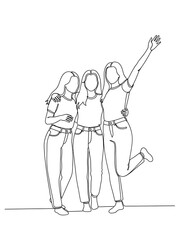 Fototapeta premium Three joyful friends standing together with one raising their arm in excitement