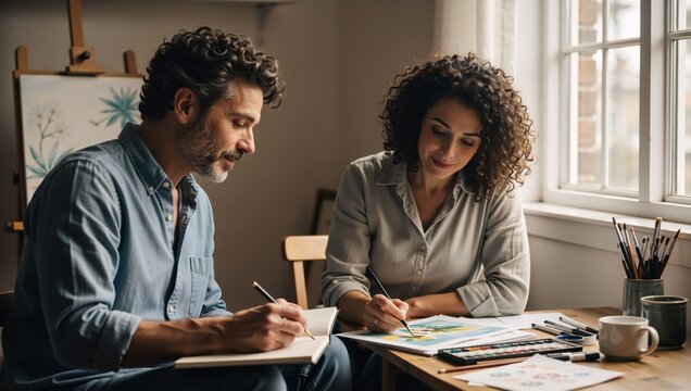 A creative couple enjoying their art hobby together. A man is drawing in a sketchbook and a woman is painting with watercolors in a bright studio - Powered by Adobe