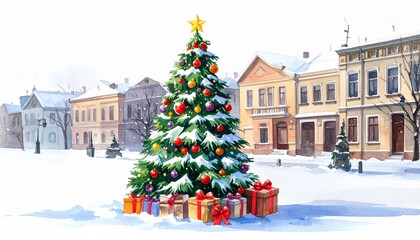 Obraz premium Festive Christmas tree in snowy street with warm-toned buildings and sunrise sky.
