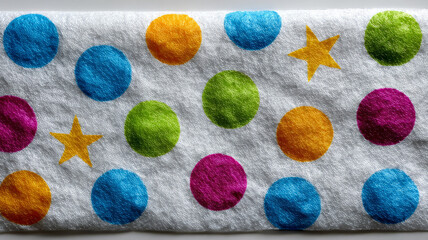 Colorful polka dots and stars on fabric, vibrant textile design