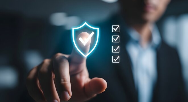 Digital security shield with checkmarks for protection