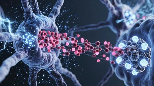 Close up view of neurons with pink and blue particles showing cellular interaction process 100 - Powered by Adobe