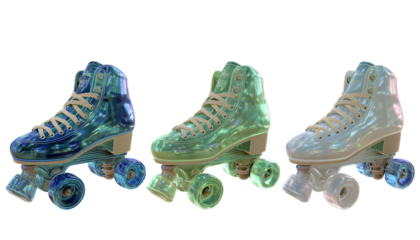 cute and stylish roller skate shoes, product design with three views of the same shoe in a green, blue, and white color scheme against a transparent background,