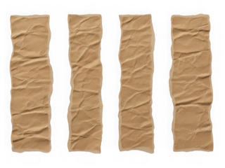 Four torn strips of crumpled brown craft paper with rough edges stand vertically in a row against a dark background. isolated on transparent background