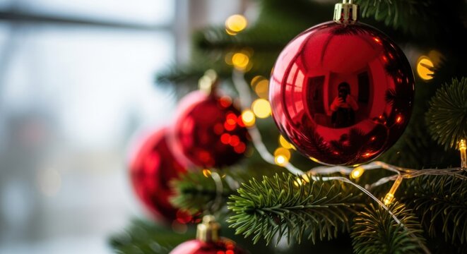 Red christmas ornaments on tree with festive lights