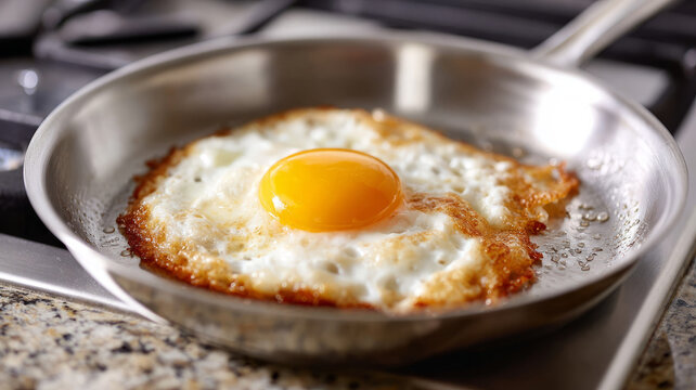 Perfectly cooked fried egg in a skillet with crispy edges. - Powered by Adobe