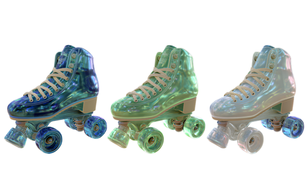 cute and stylish roller skate shoes, product design with three views of the same shoe in a green, blue, and white color scheme against a transparent background,