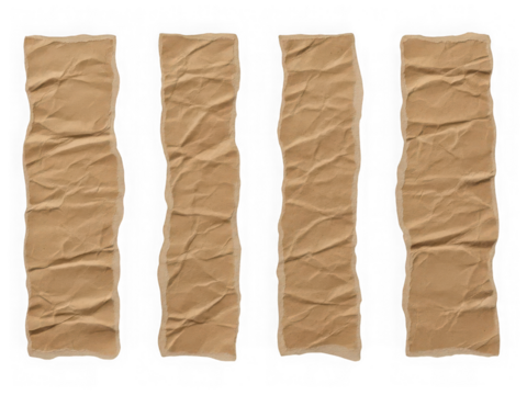 Four torn strips of crumpled brown craft paper with rough edges stand vertically in a row against a dark background. isolated on transparent background