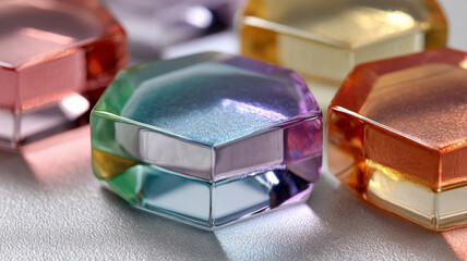 Colorful hexagonal crystals with a shiny reflective surface.