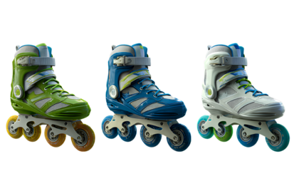 cute and stylish roller skate shoes, product design with three views of the same shoe in a green, blue,