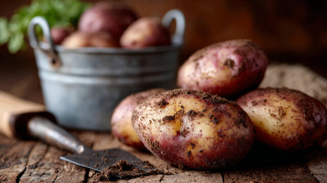 Freshly harvested potatoes on a rustic wooden table. - Powered by Adobe