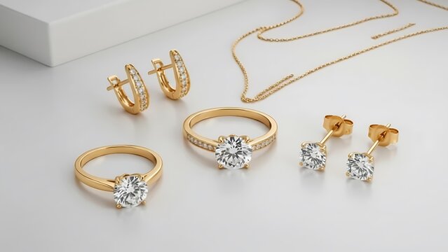 Elegant Gold Diamond Jewelry Set: Rings, Earrings, and Necklace