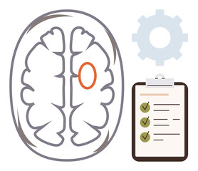 Human brain diagram with highlighted region, checklist with checkmarks, and gear representing cognition, focus, problem-solving, planning, education, productivity neuroscience. Simple flat metaphor