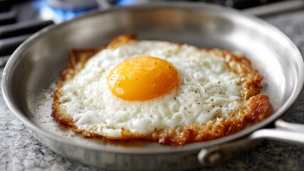 Crispy fried egg in a skillet, perfect breakfast inspiration.