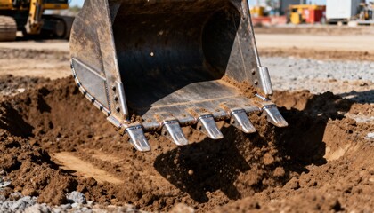 Medium shot of heavy machinery bucket digging into soil highlighting the attachments rugged design and efficient earthmoving capability.