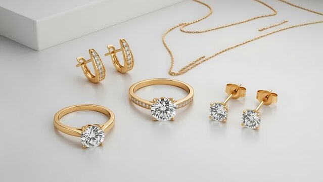 Collection of gold diamond jewelry including rings earrings and necklace image photo