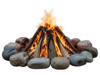 Campfire burning bright with logs and stones arranged around the base, creating a warm and inviting atmosphere for outdoor relaxation. isolated on transparent background