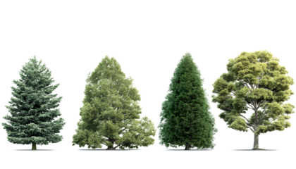 four different types of evergreen trees, a realistic photo on a transparent background