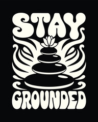 Illustrated stacked stones with lotus flower and Stay Grounded message evokes balance