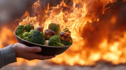 Cooking fresh vegetables over a vibrant fire while holding a bowl of perfectly charred broccoli near a roaring flame