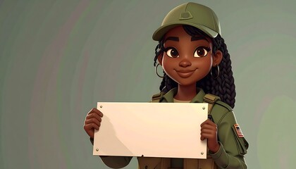 Cartoon of smiling dark-skinned woman in uniform, holding blank white sign