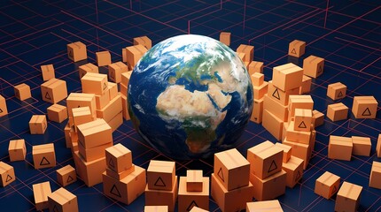 A vibrant 3D illustration depicting a globe surrounded by cardboard boxes, symbolizing global logistics, shipping, and international trade in a digital network environment.
