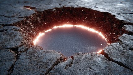 Glowing crater on a cracked surface in a surreal setting.