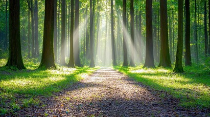 A path winds through a lush green forest, with tall trees and sunlight streaming through the canopy, creating a play of light and shadow.