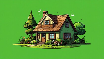 Cartoonish green house with a brown roof, surrounded by flora, on a vibrant green background