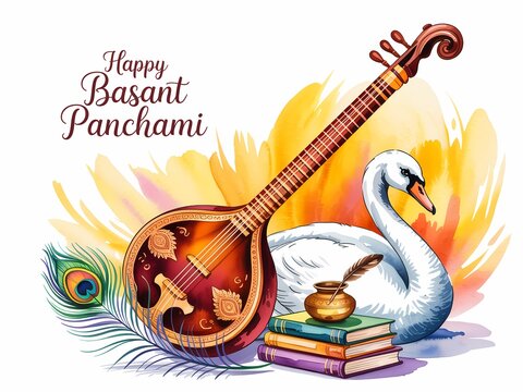 Vibrant watercolor illustration celebrating basant panchami with veena musical instrument and swan